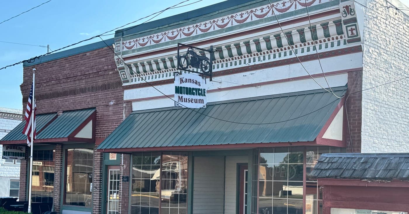 The Kansas Motorcycle Museum storefront on Washington Street in downtown Marquette, Kansas